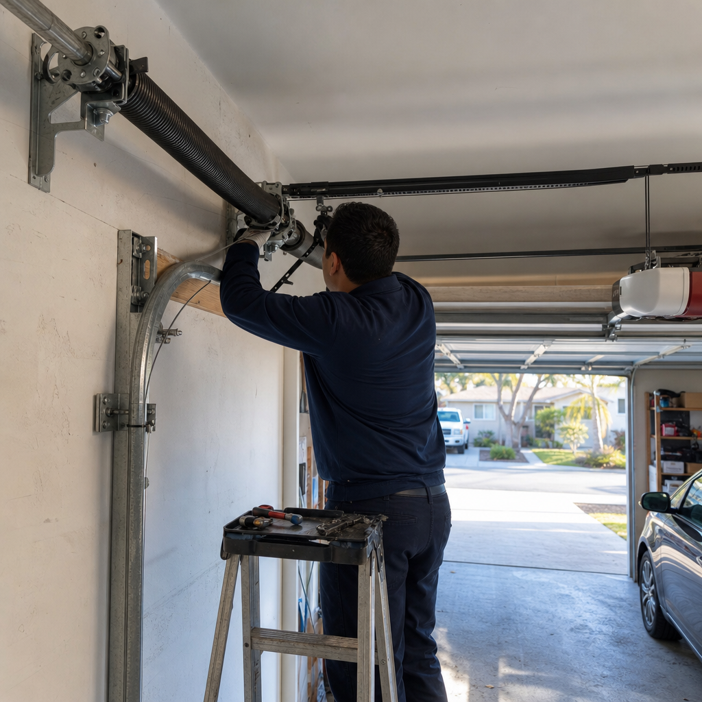 Garage door technician repairing torsion spring system in Santa Barbara, CA