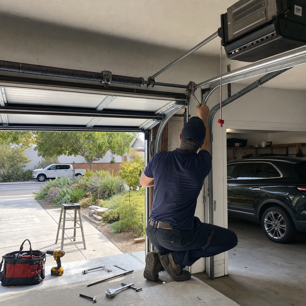 Technician performing emergency garage door repair in Santa Barbara, CA