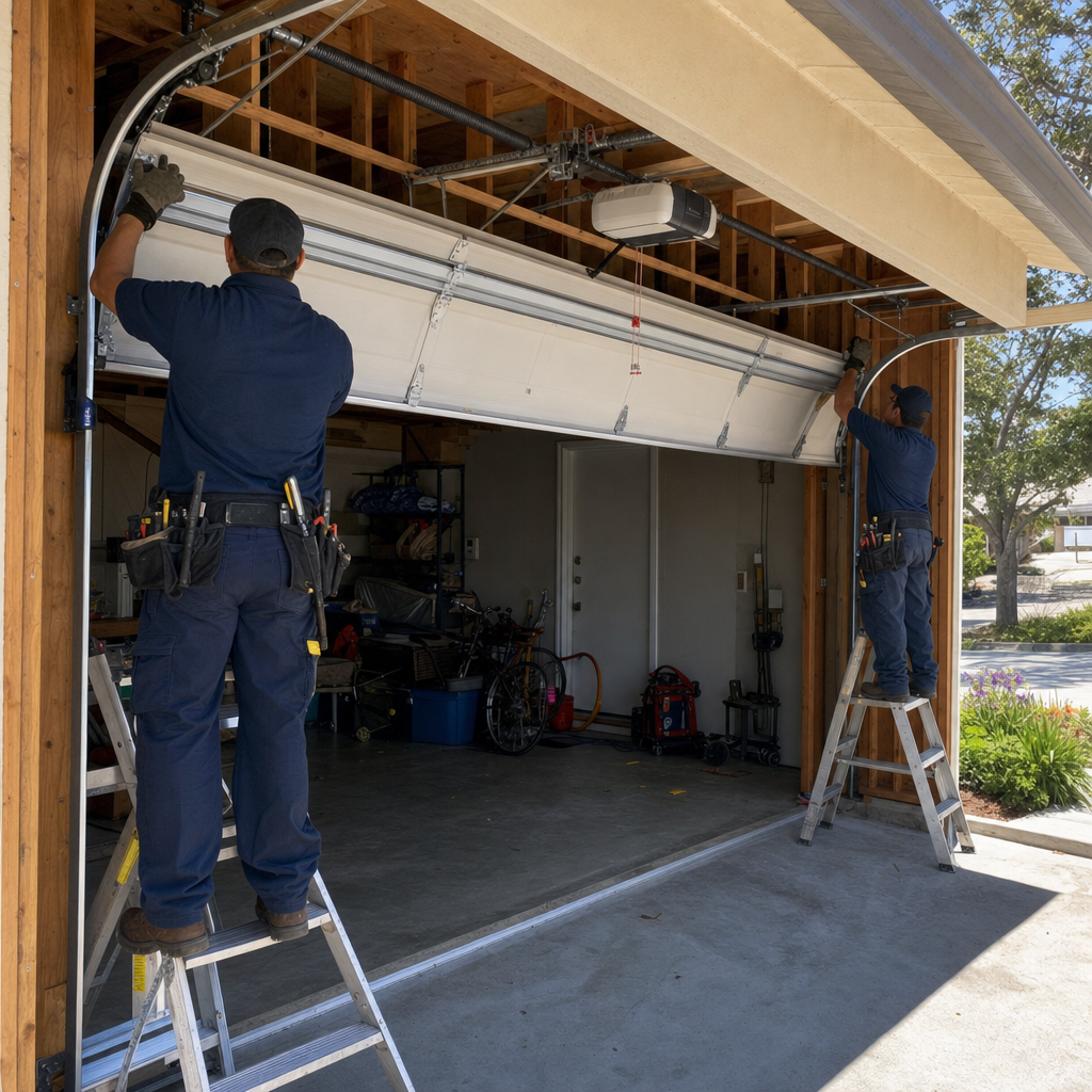 Technicians installing a garage door, one on a ladder in Santa Barbara, CA