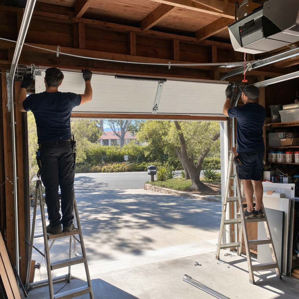 Technicians installing a garage door in Goleta, CA