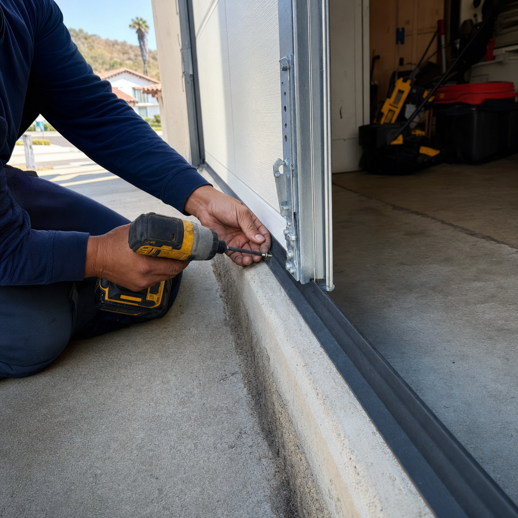 Professional installing garage door bottom seal with a drill in Santa Barbara, CA