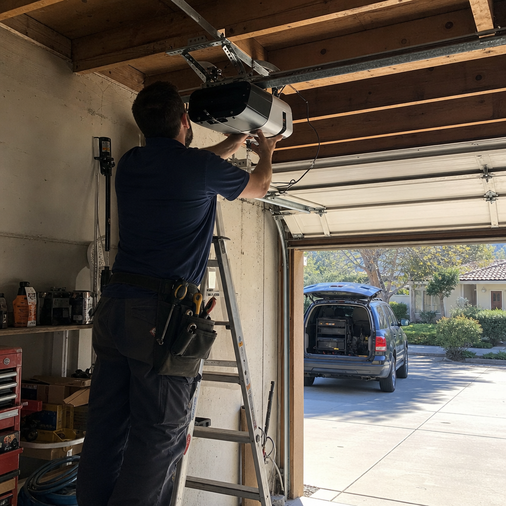 Garage door opener installation by technician on ladder in Santa Barbara, CA
