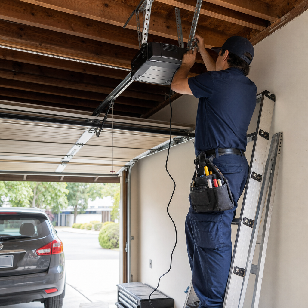 Technician installing garage door opener in Santa Barbara, CA