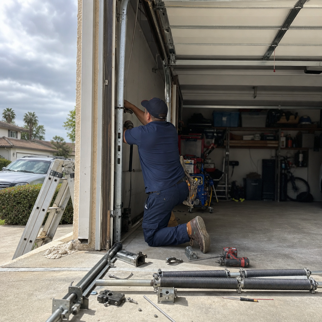 Garage door technician repairing door parts in Santa Barbara, CA