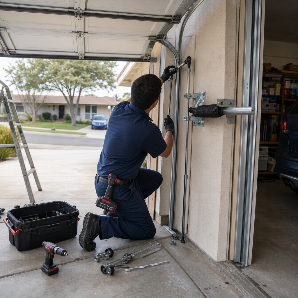 Garage door repair technician working on door parts with tools in Santa Barbara, CA