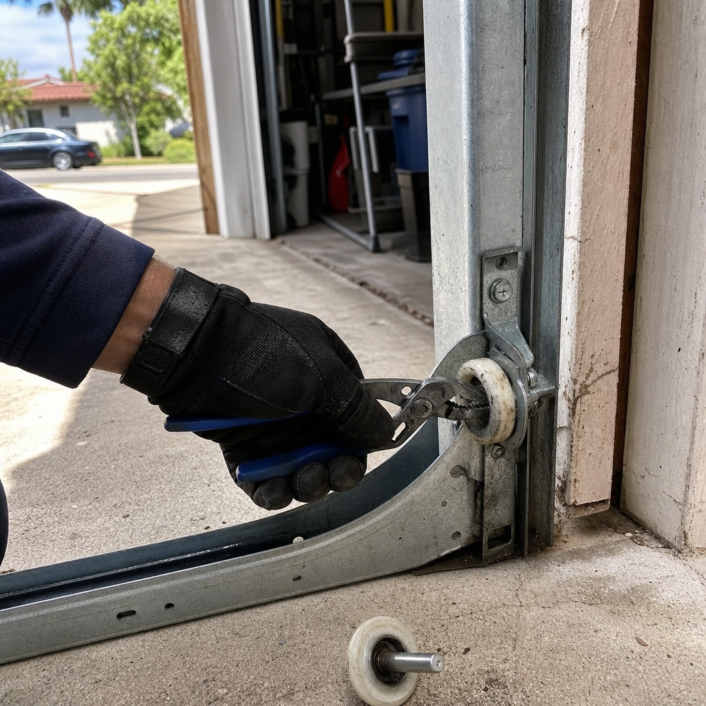 Garage door roller repair with pliers in Santa Barbara, CA