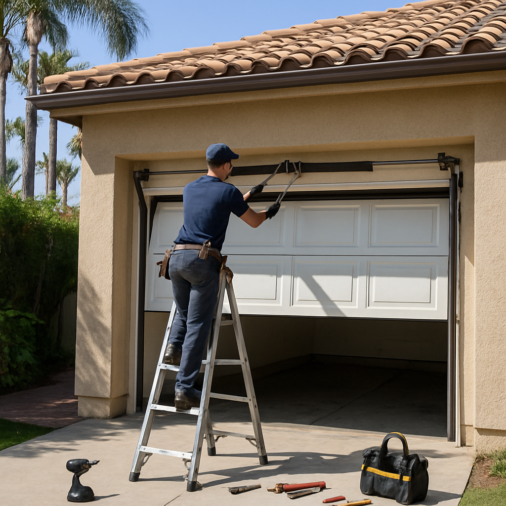 Garage door repair technician working on a residential garage door.