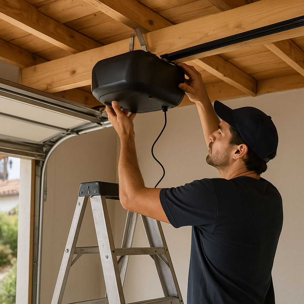 Professional installing garage door opener on ceiling