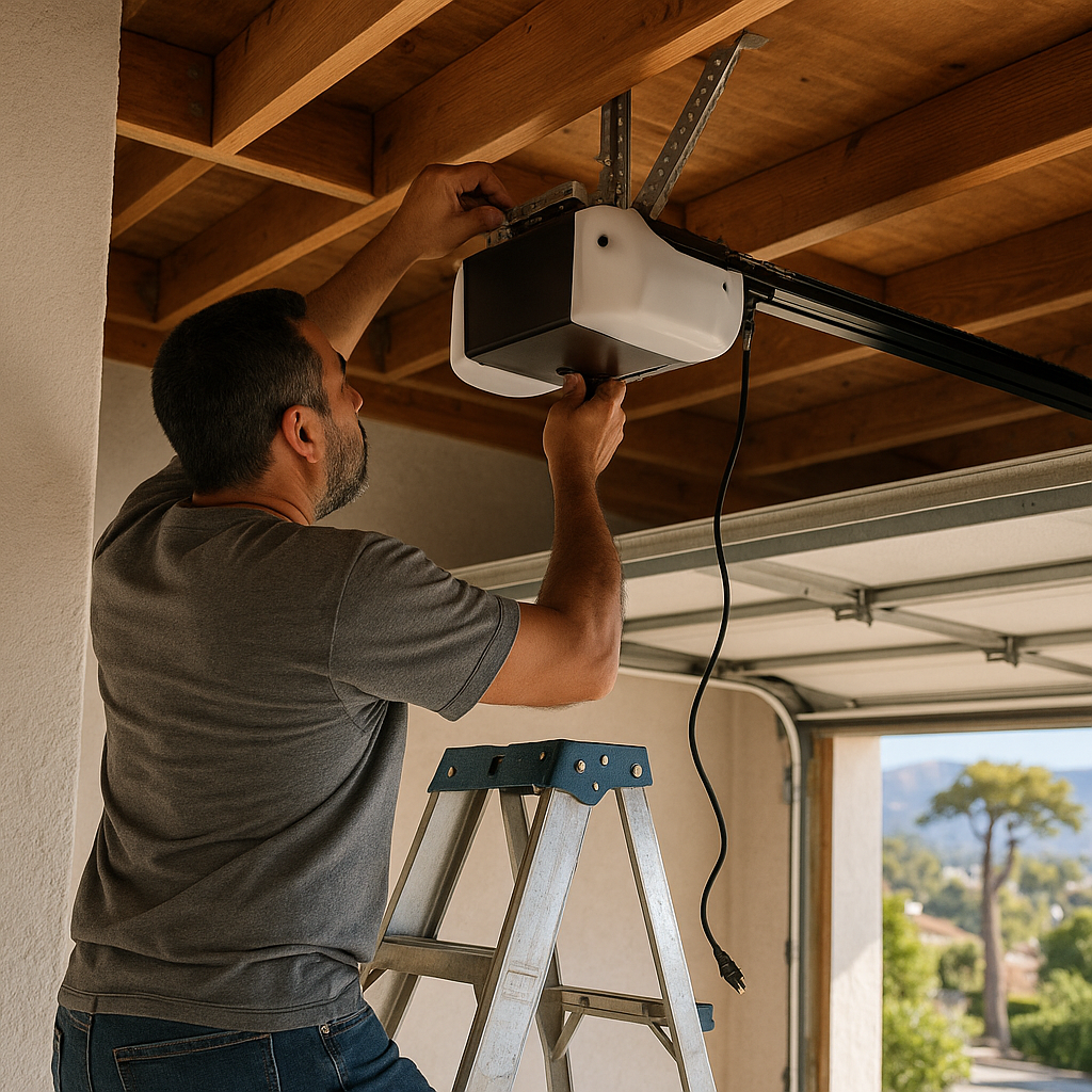 Professional installing a garage door opener mechanism