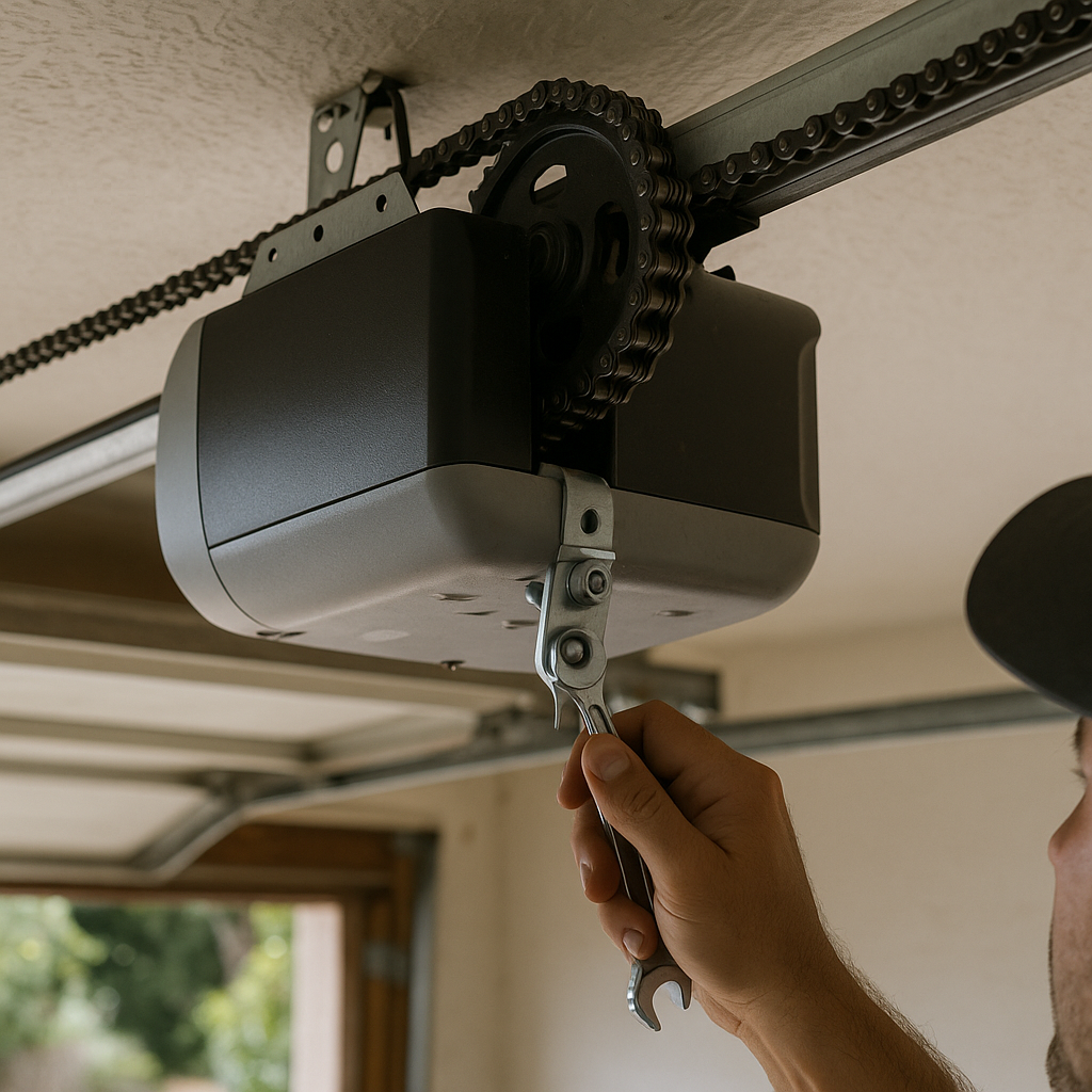 Garage door opener repair by professional technician with wrench
