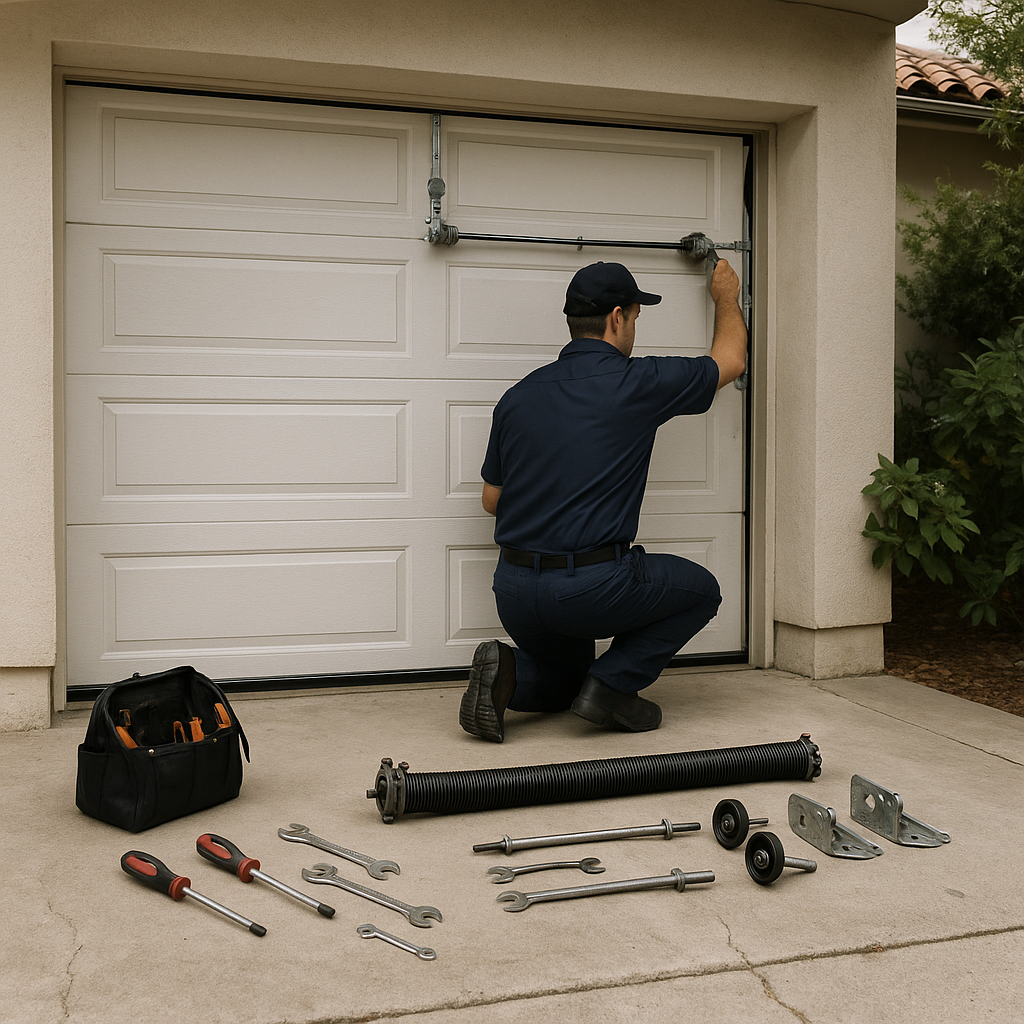 Garage door technician working on parts and repair in Goleta, CA