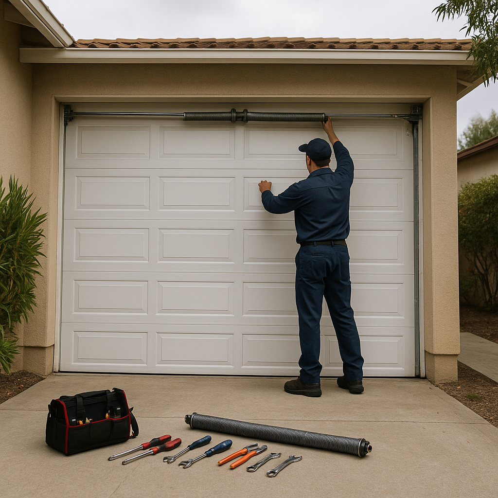 Garage door technician adjusting torsion spring, garage door parts in Goleta, CA
