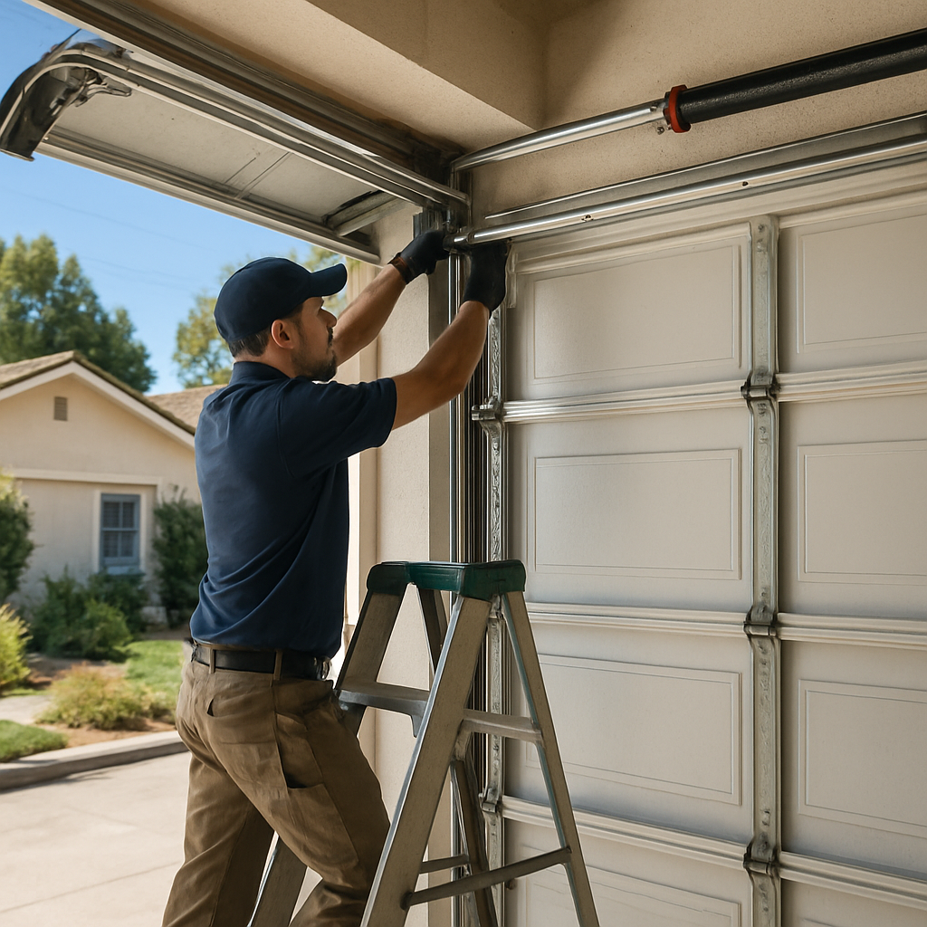 Garage door technician working on torsion spring with ladder