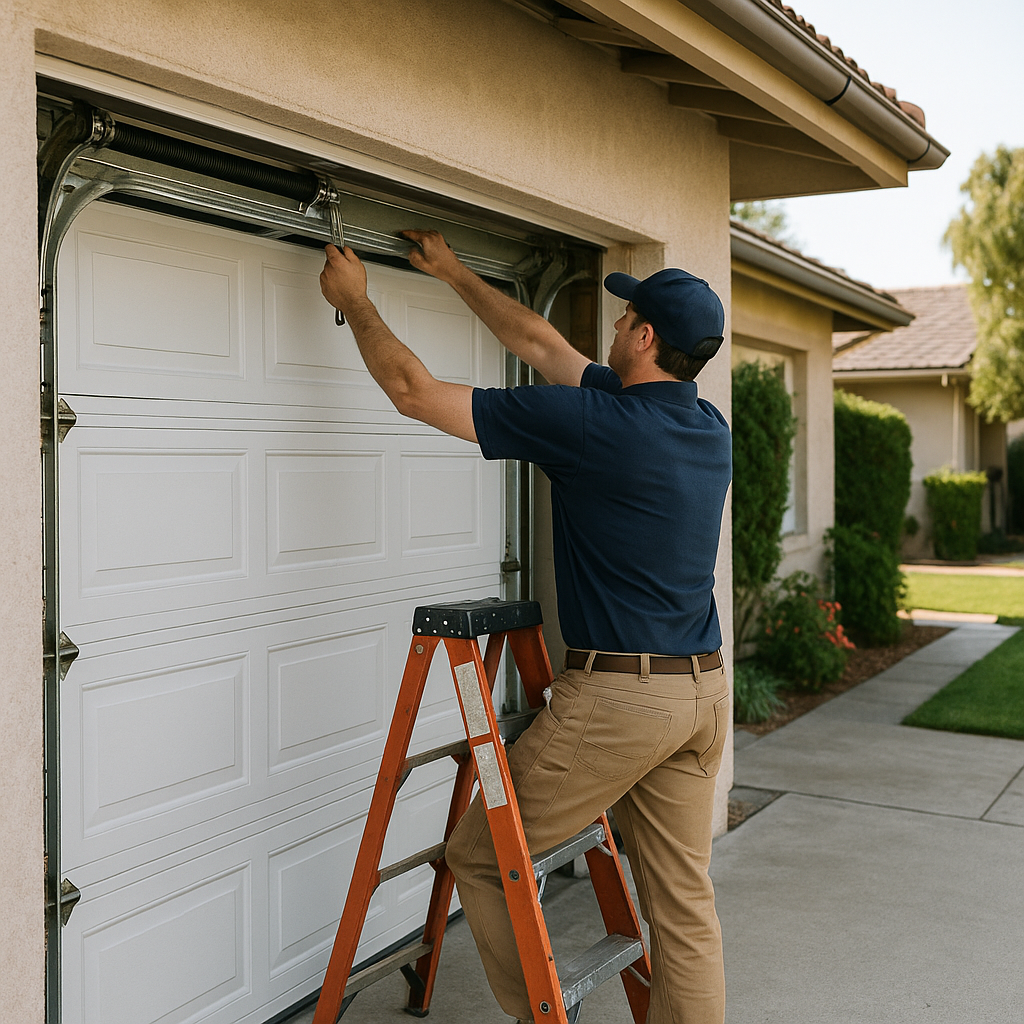 Garage door repair technician adjusting spring on a ladder in Santa Barbara, CA