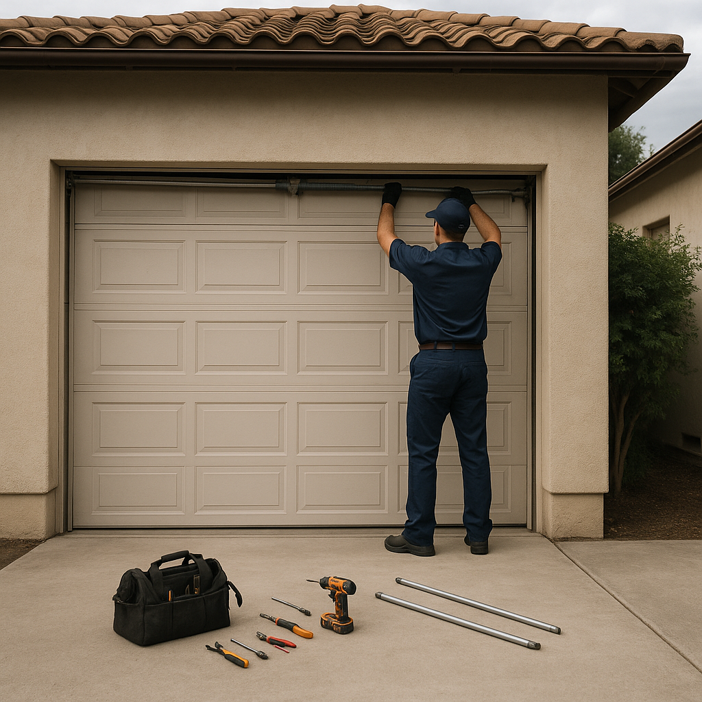 Garage door technician performing emergency repair on garage door spring in Montecito, CA