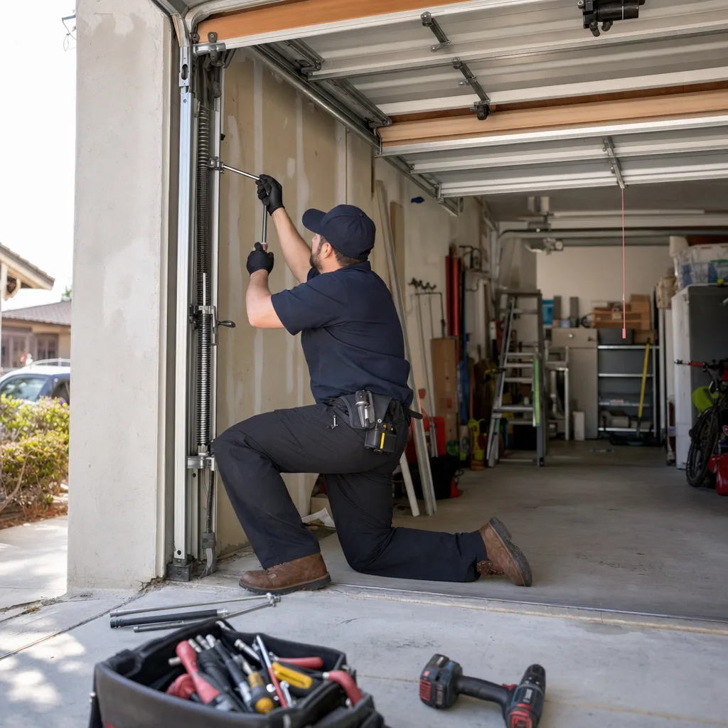 Technician performing emergency garage door spring repair and maintenance