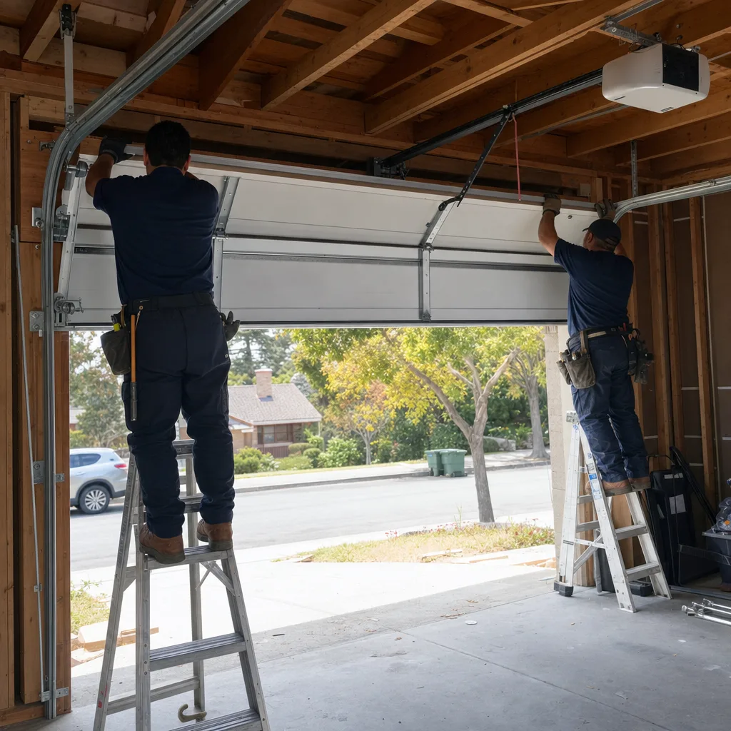 Two professional technicians performing garage door installation on ladders