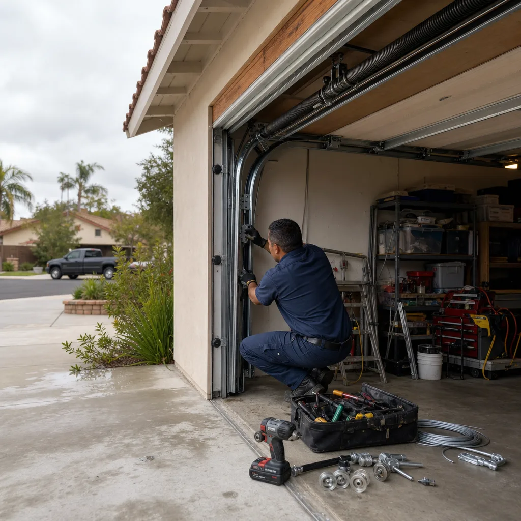 Professional technician repairing garage door components and mechanical parts
